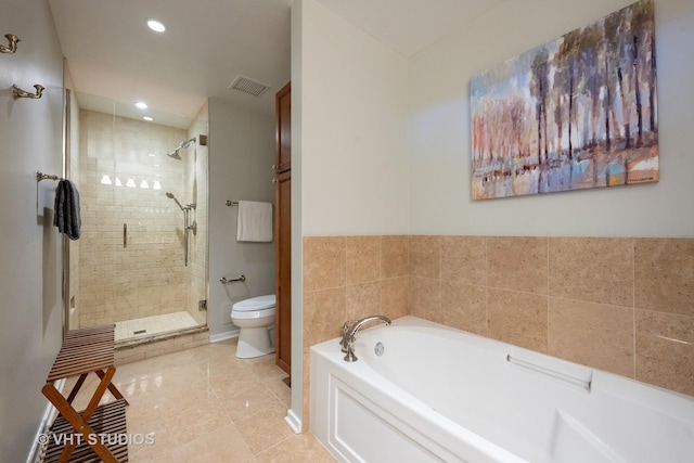 full bath with a garden tub, toilet, recessed lighting, visible vents, and a shower stall