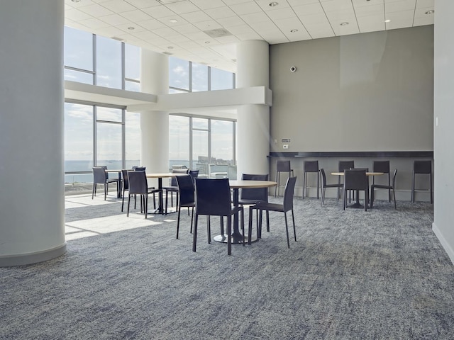 carpeted dining area featuring a wall of windows, a high ceiling, a drop ceiling, and baseboards