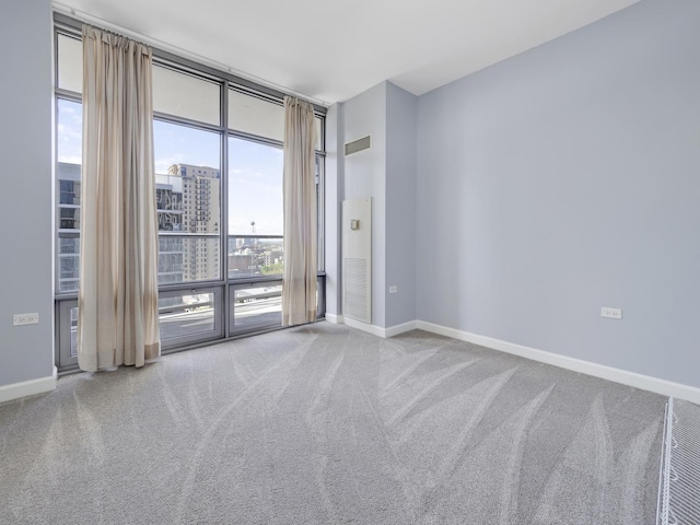 spare room with expansive windows, carpet, visible vents, and baseboards