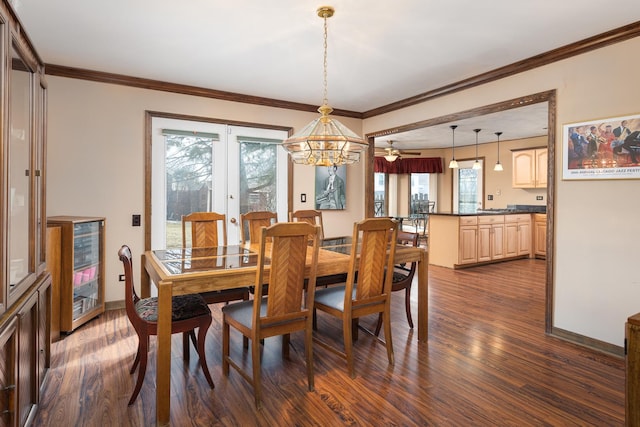 dining area featuring baseboards, wine cooler, dark wood-type flooring, and crown molding