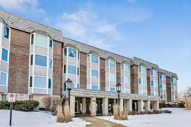 view of snow covered building