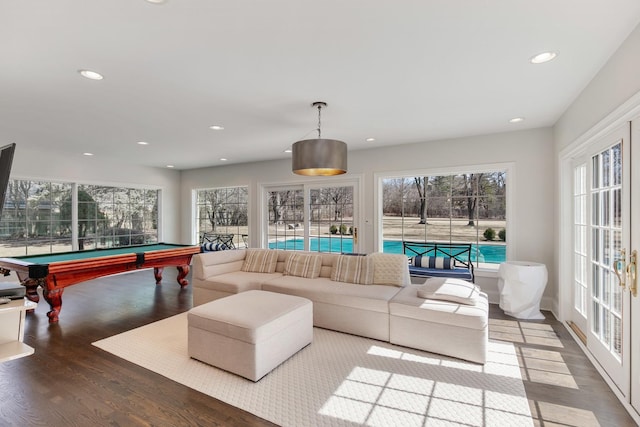 game room featuring a wealth of natural light, wood finished floors, and recessed lighting