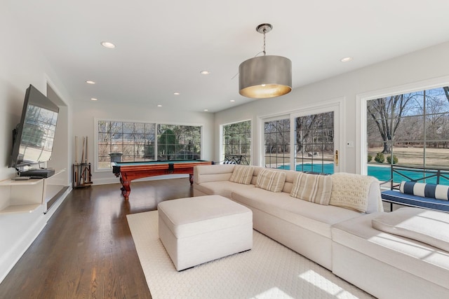 living area with recessed lighting, baseboards, wood finished floors, and pool table