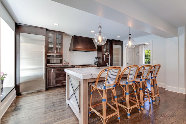 kitchen featuring dark wood-type flooring, an island with sink, custom range hood, a sink, and appliances with stainless steel finishes