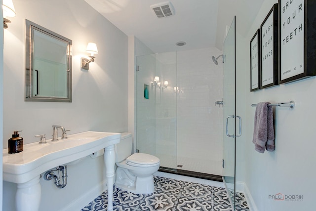 full bath with tile patterned flooring, visible vents, a stall shower, and toilet