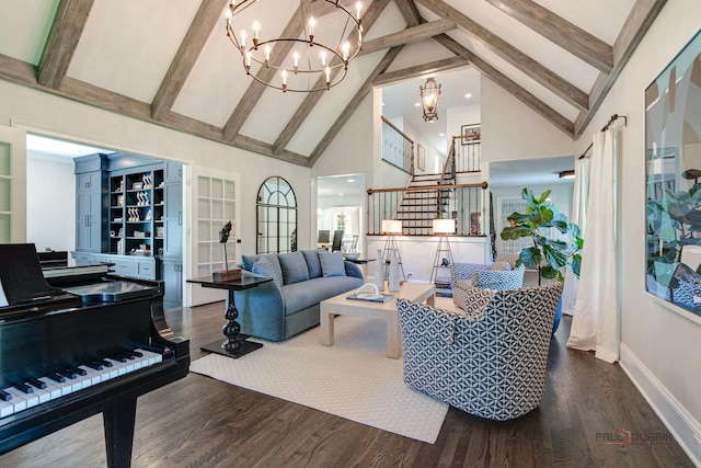 living area with stairway, baseboards, a notable chandelier, and dark wood-style flooring