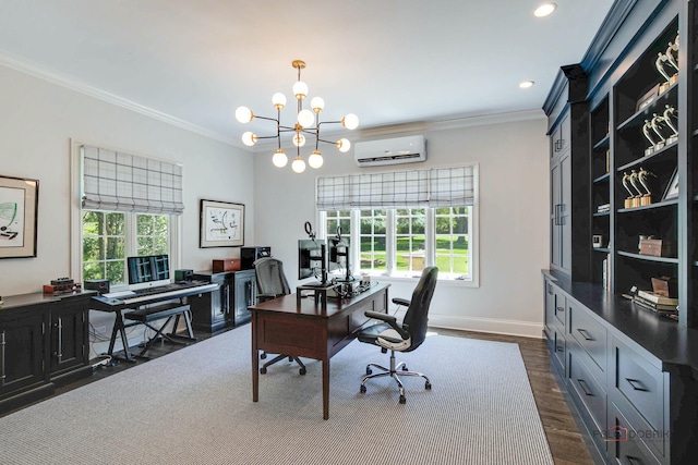 home office with dark wood-type flooring, baseboards, ornamental molding, an inviting chandelier, and a wall mounted AC