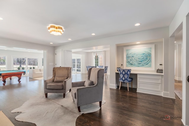 living area with recessed lighting, billiards, baseboards, and wood finished floors