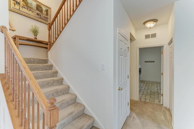 staircase featuring carpet flooring