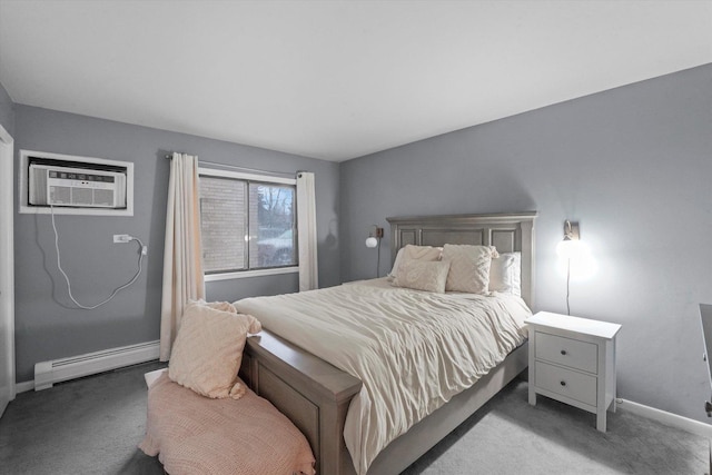 bedroom with baseboard heating, carpet flooring, and a wall mounted AC