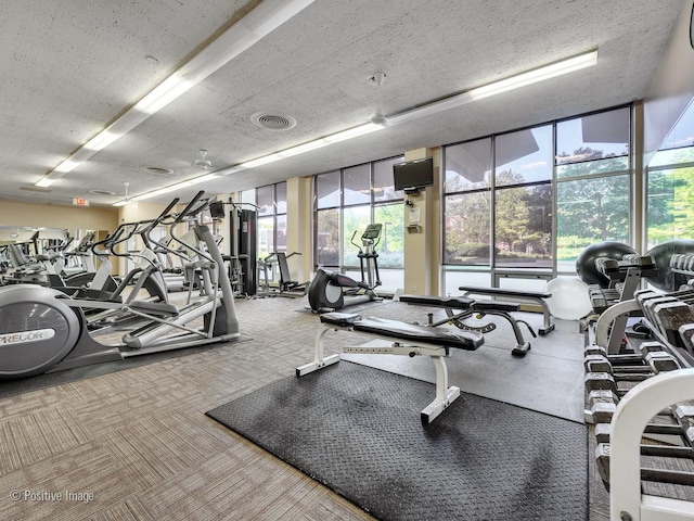 exercise room featuring carpet flooring, a textured ceiling, and a wall of windows