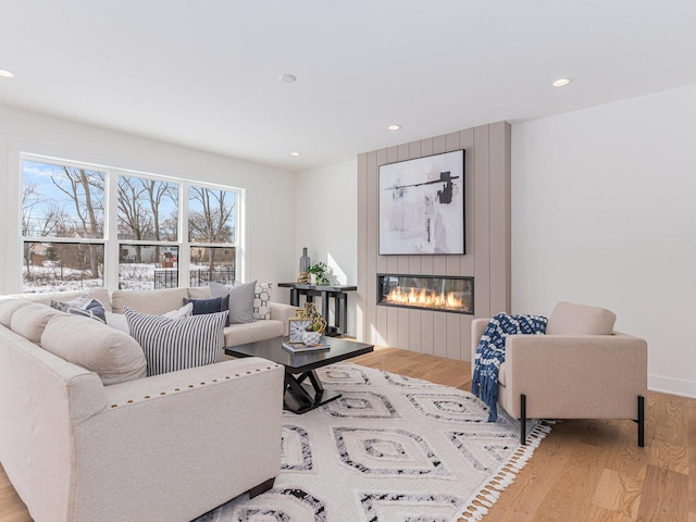 living room with light hardwood / wood-style floors and a large fireplace