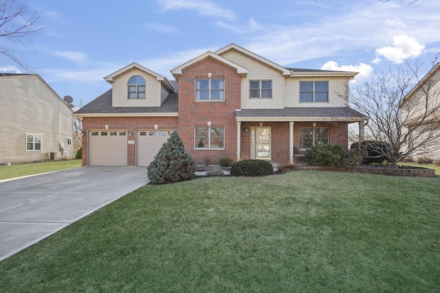 traditional home featuring concrete driveway, brick siding, and a front lawn