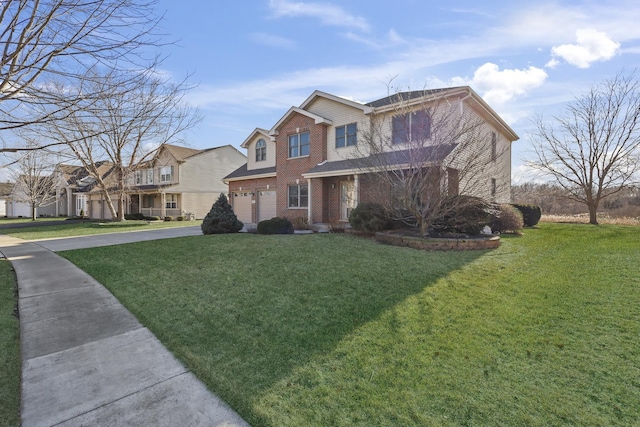 traditional-style house featuring brick siding, a garage, a residential view, driveway, and a front lawn