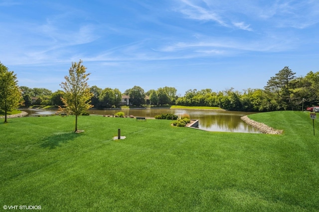 surrounding community with a yard and a water view