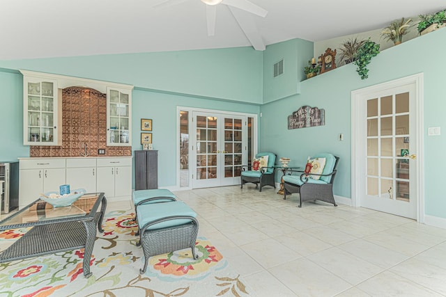 view of patio with visible vents, a ceiling fan, and french doors