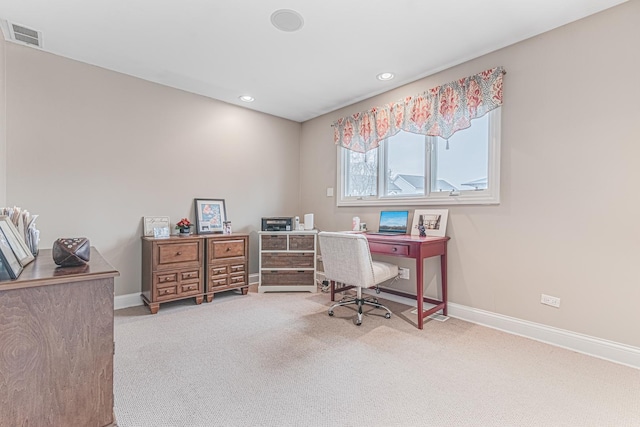 carpeted office with recessed lighting, visible vents, and baseboards