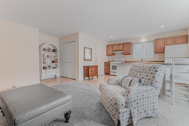 living room featuring light wood-type flooring, baseboards, and recessed lighting