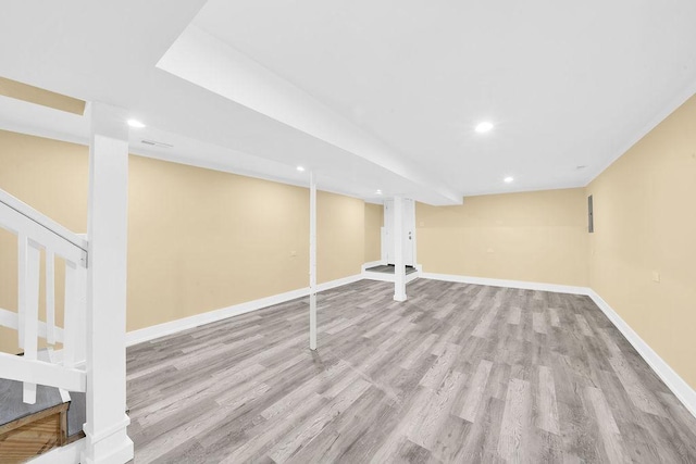 basement with light wood-type flooring