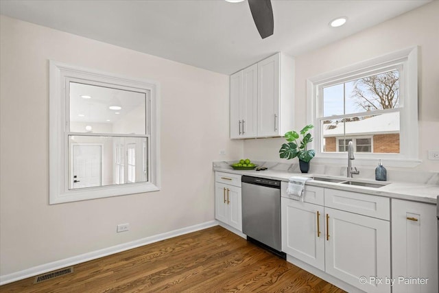 kitchen featuring light stone counters, visible vents, white cabinetry, a sink, and dishwasher