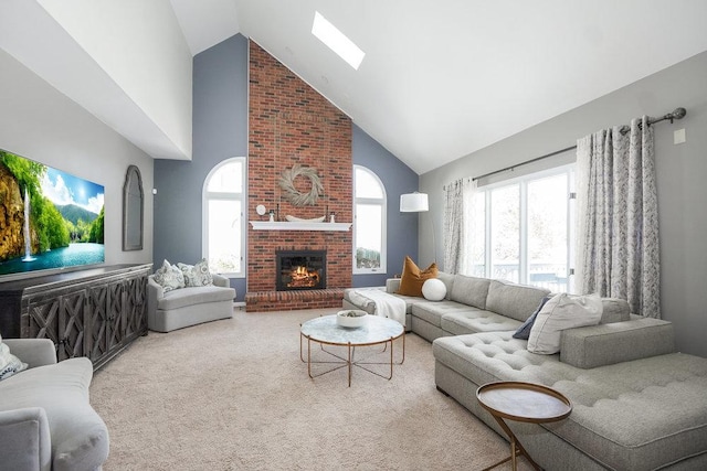 3642 Monarch Cir, Naperville, IL 60564 - living room with a brick fireplace, high vaulted ceiling, a skylight, and carpet