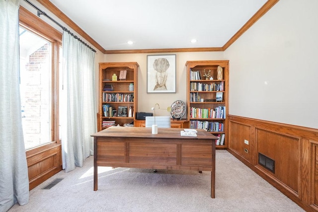 3642 Monarch Cir, Naperville, IL 60564 - home office with crown molding, light colored carpet, visible vents, and wainscoting