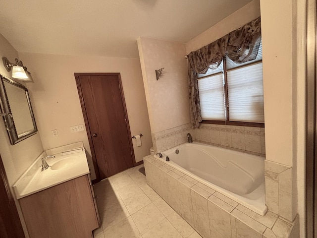 full bathroom with toilet, tile patterned floors, a garden tub, and vanity