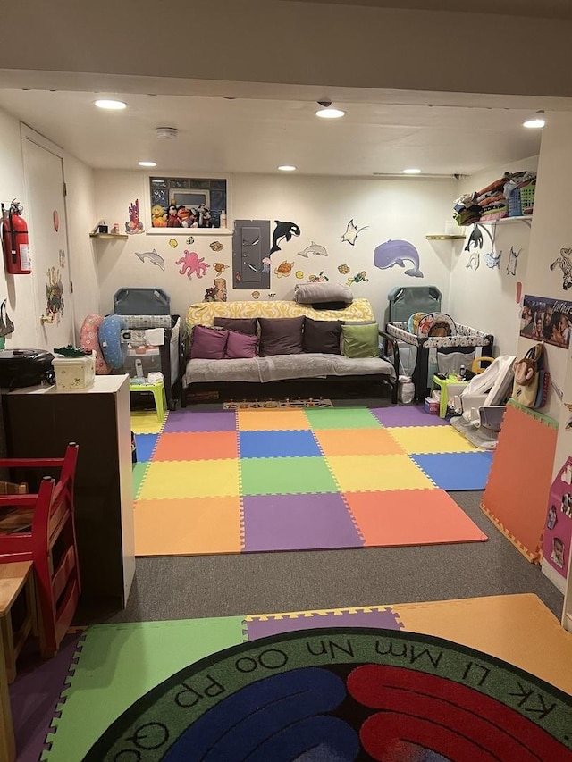 game room featuring electric panel and carpet flooring