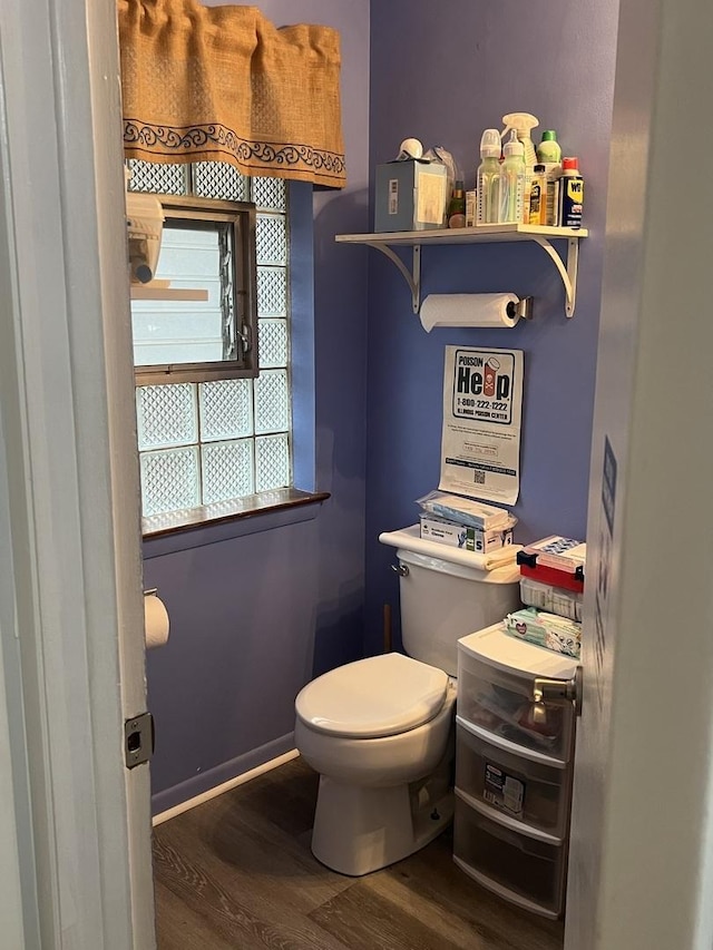 bathroom with toilet and hardwood / wood-style floors