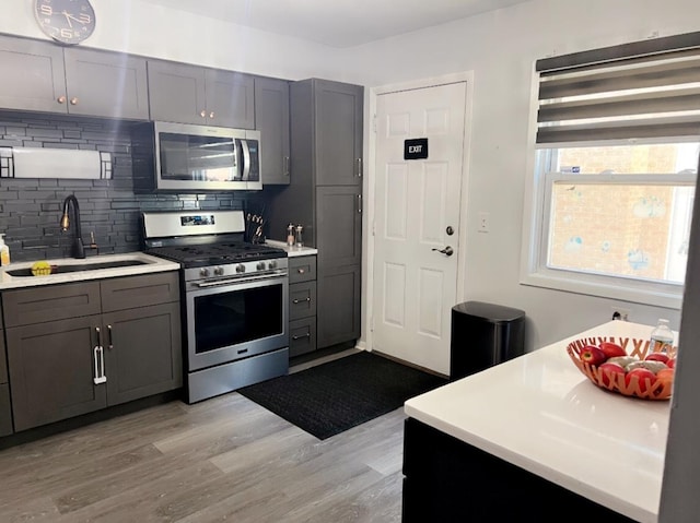 kitchen with appliances with stainless steel finishes, light hardwood / wood-style flooring, tasteful backsplash, gray cabinetry, and sink