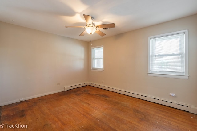 unfurnished room featuring hardwood / wood-style floors, ceiling fan, and baseboard heating