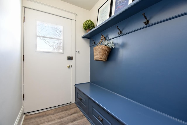 mudroom with light hardwood / wood-style floors