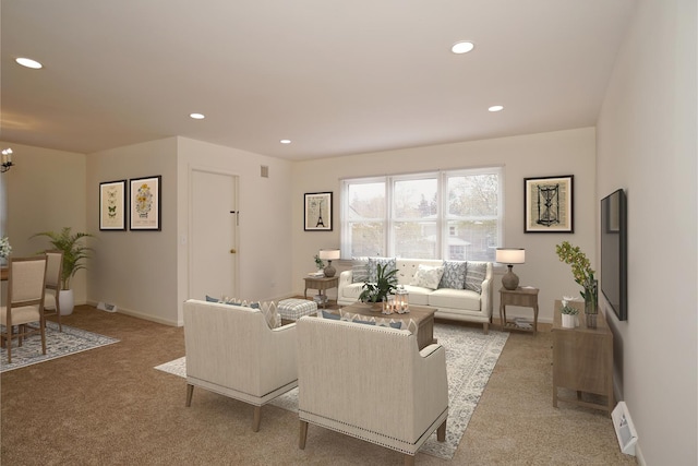 living area featuring recessed lighting, carpet flooring, a notable chandelier, and baseboards