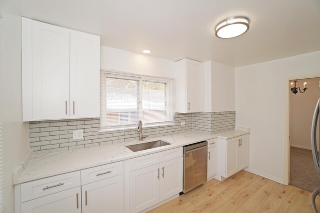 kitchen with backsplash, stainless steel dishwasher, white cabinetry, a sink, and light stone countertops