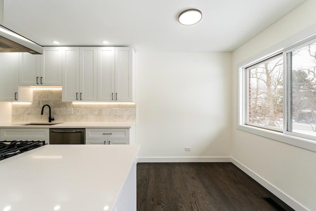 kitchen featuring sink, extractor fan, stainless steel dishwasher, white cabinets, and decorative backsplash