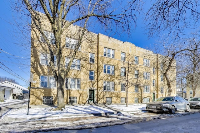 view of snow covered building