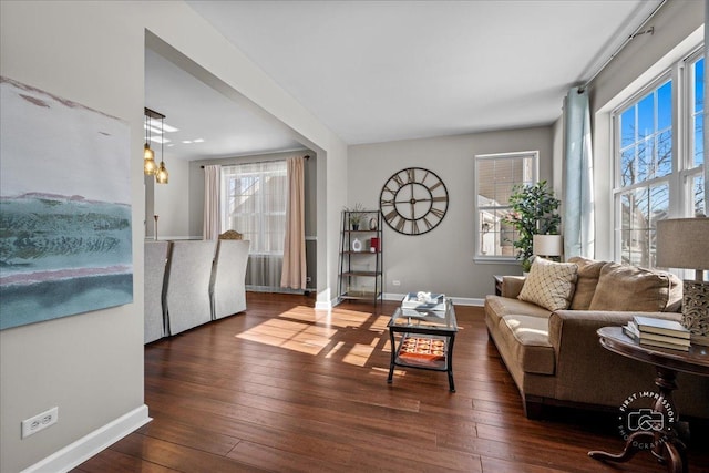 living room with dark hardwood / wood-style flooring