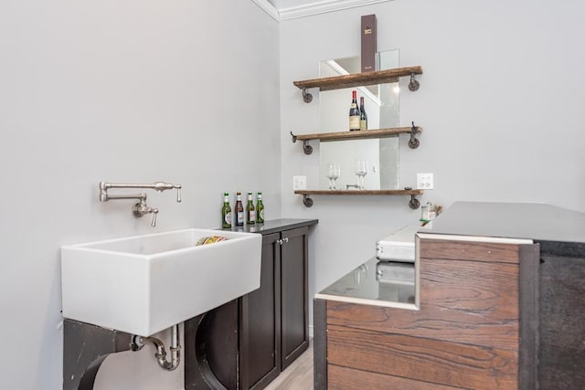 interior space with light wood-style floors, a sink, and ornamental molding