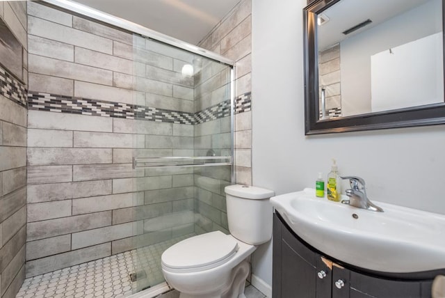 full bath with a stall shower, visible vents, vanity, and toilet