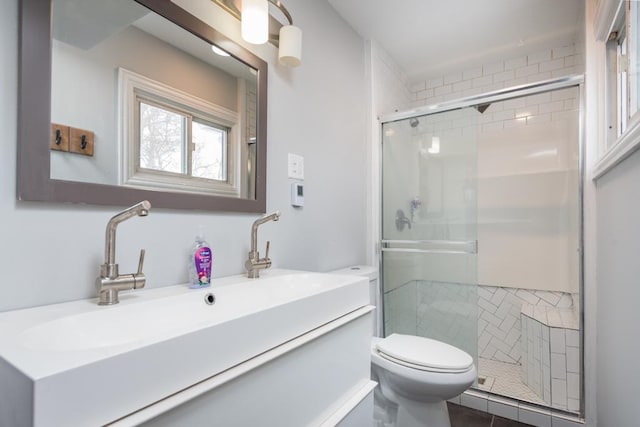 full bathroom featuring toilet, a shower stall, and vanity