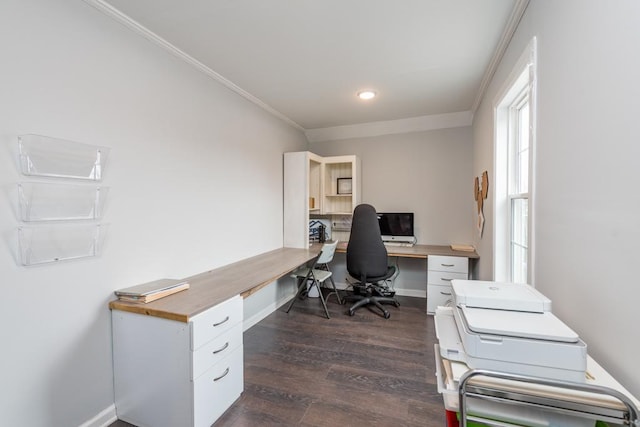 office with baseboards, recessed lighting, dark wood finished floors, and crown molding