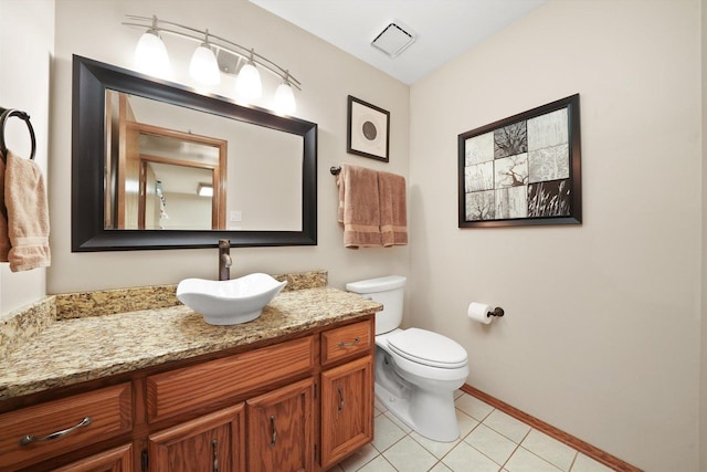 bathroom featuring baseboards, visible vents, toilet, tile patterned floors, and vanity