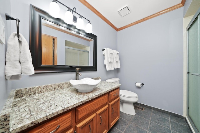 bathroom with visible vents, toilet, ornamental molding, a shower stall, and vanity