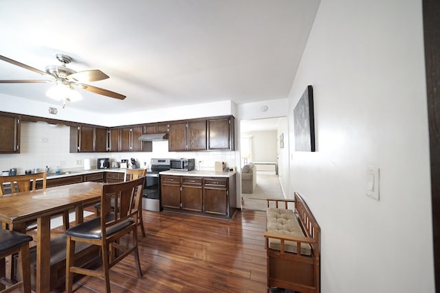 kitchen with dark brown cabinets, dark wood-type flooring, stainless steel appliances, decorative backsplash, and ceiling fan