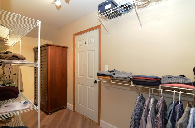 spacious closet featuring ceiling fan and wood-type flooring