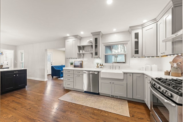 kitchen featuring tasteful backsplash, dark wood-style floors, stainless steel appliances, light countertops, and a sink