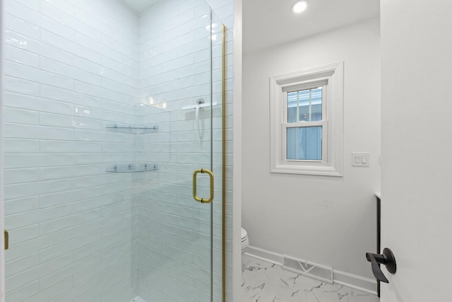 full bath featuring marble finish floor, visible vents, toilet, a shower stall, and baseboards