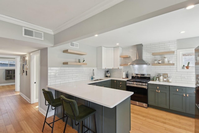 kitchen with wall chimney range hood, gas range, sink, white cabinetry, and kitchen peninsula