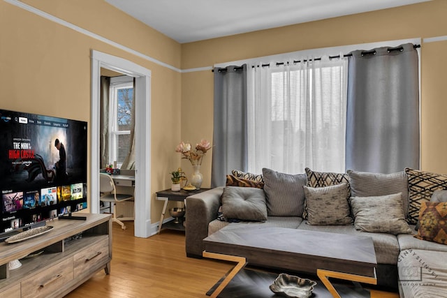 living area featuring light wood finished floors, a wealth of natural light, and baseboards