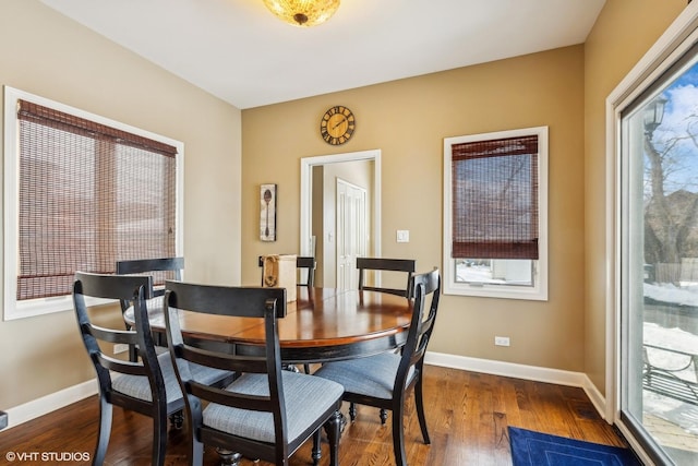 dining area with dark wood finished floors and baseboards